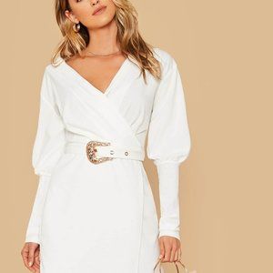 White Surplice Neck Gigot Sleeve Formal Dress